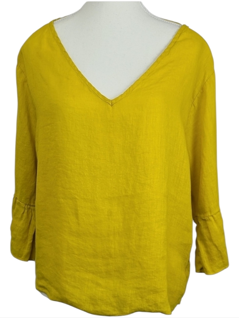 Three Dots 100% Linen Blouse Size L V-Neck Long Sleeve Lightweight Natural Top